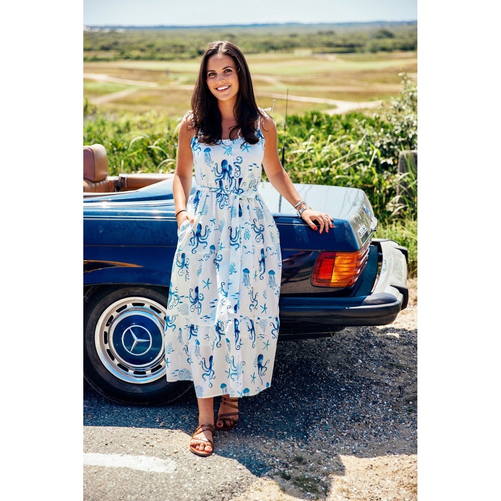 Kiel James Patrick Octopus Silk Cotton Tiered Midi Dress White Blue Nautical